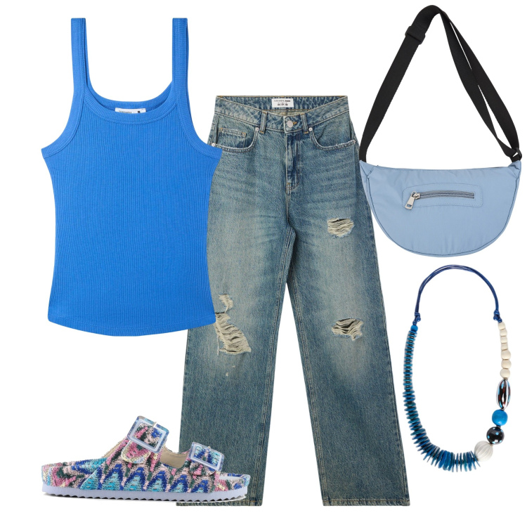 Outfit donna - Semplice e comoda. Stile Basic per Tutti i giorni. Abbinamento con jeans strappati, canottiere, borse a tracolla, sandali, collane.