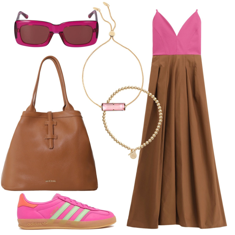 Outfit donna - Il lungo frizzante. Stile Urban per Tutti i giorni. Abbinamento con borse tote, vestiti lunghi, collane, braccialetti, sneakers, occhiali da sole.