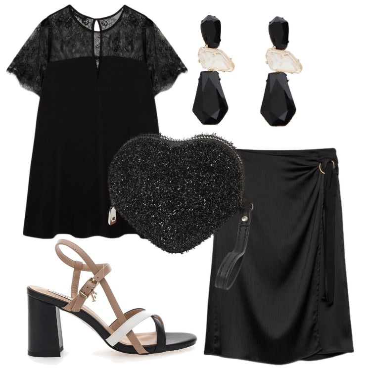 Outfit donna - Nero elegante per la sera. Stile Chic per Serata fuori. Abbinamento con portafogli, orecchini, vestiti corti, gonne longuette, sandali col tacco.