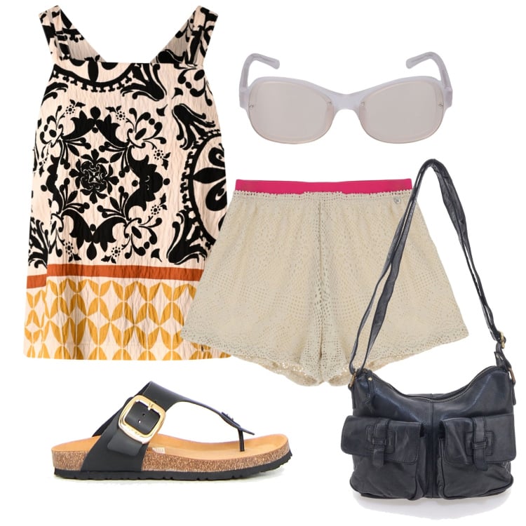 Outfit donna - Per il mare. Stile Minimal per Mare. Abbinamento con top, shorts, infradito, borse a tracolla, occhiali da sole.