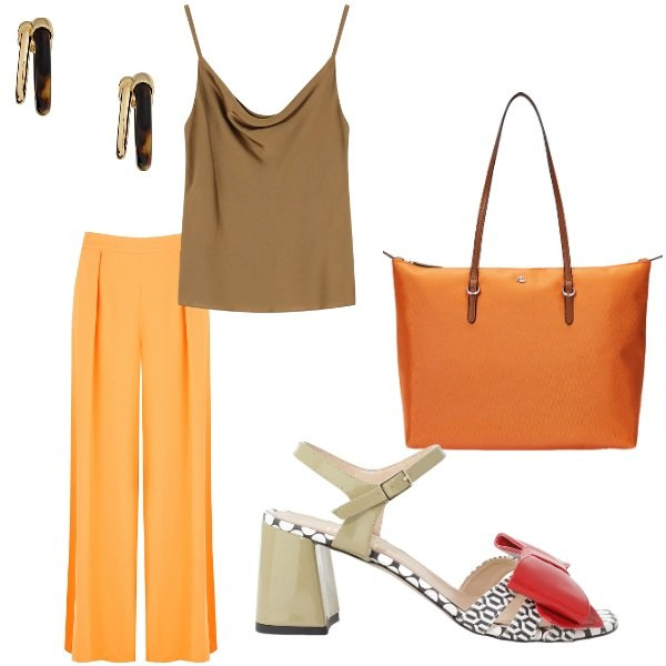 Outfit donna - A cena fuori. Stile Casual chic per Serata fuori. Abbinamento con pantaloni, sandali col tacco, top, borse tote, orecchini.