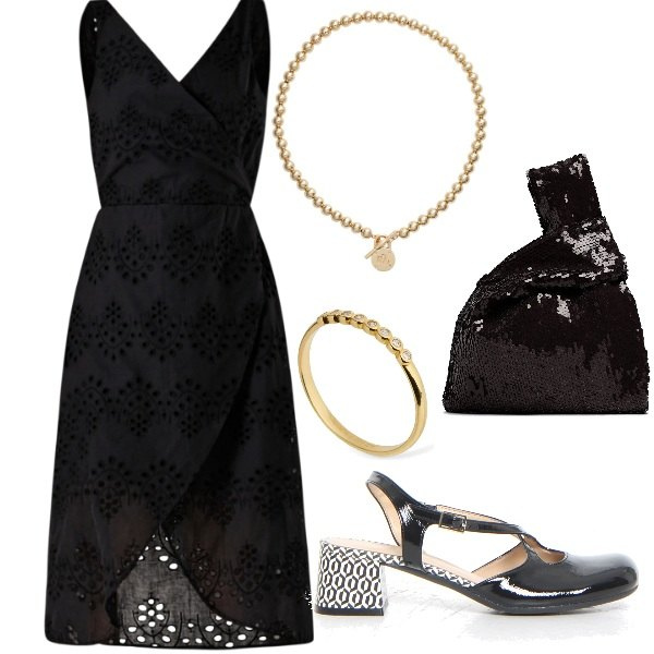 Outfit donna - A cena fuori. Stile Casual chic per Serata fuori. Abbinamento con vestiti a tubino, collane, pochette, décolleté, anelli.