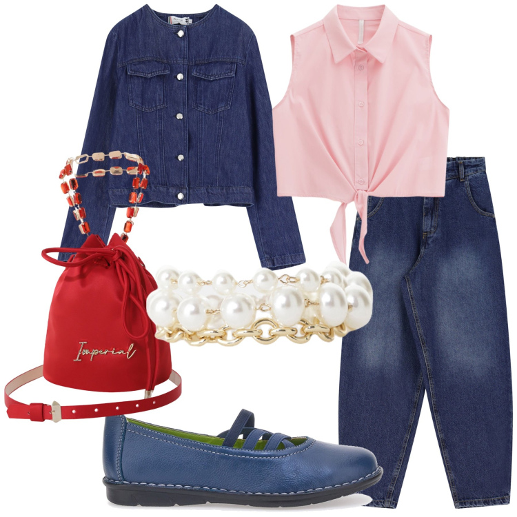 Outfit donna - A cena da amici. Stile Sporty chic per Serata fuori. Abbinamento con blazer, borse a secchiello, camicie, jeans, braccialetti, ballerine.