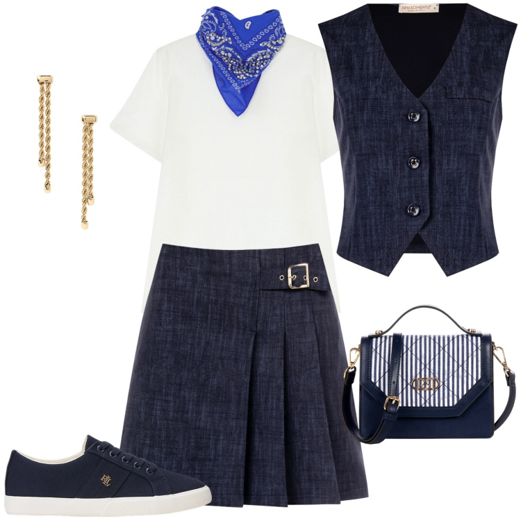 Outfit donna - Total look #2214607. Stile Casual per Tutti i giorni. Abbinamento con minigonne, gilet, borse a mano, t-shirt, sneakers, orecchini.