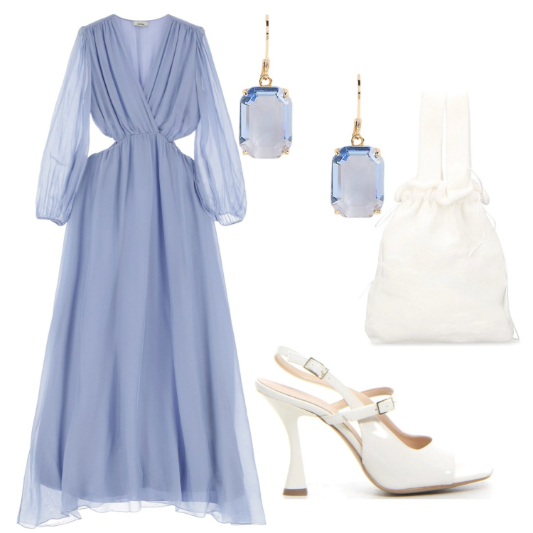 Outfit donna - Sei metri di velo color del cielo. Stile Romantica per Cerimonia. Abbinamento con orecchini, vestiti lunghi, borse a mano, sandali col tacco.