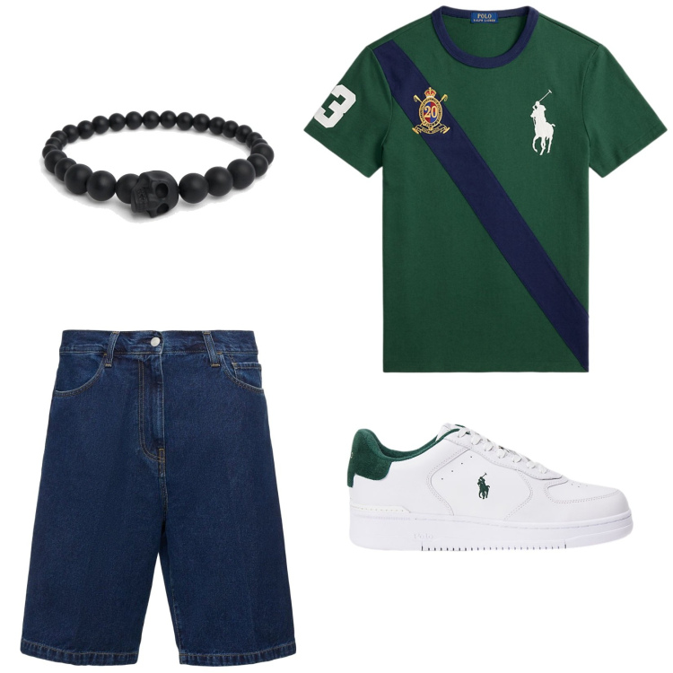 Outfit uomo - Serata con amici in spiaggia. Stile Urban Abbinamento con sneakers, t-shirt, braccialetti, shorts.