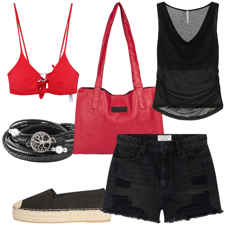 Outfit donna - Bicolore in spiaggia. Stile Casual per Mare. Abbinamento con braccialetti, shorts, espadrillas, bikini, top, shopping bag.