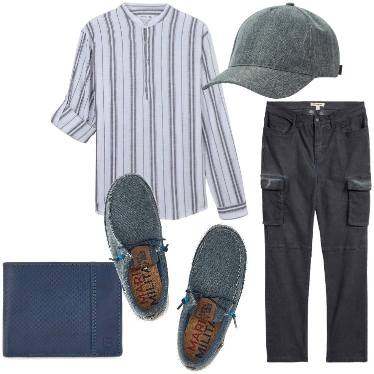 Outfit uomo - Cargo e camicia a righe. Stile Trendy per Tutti i giorni. Abbinamento con pantaloni cargo, cappelli, camicie, portafogli, scarpe stringate.
