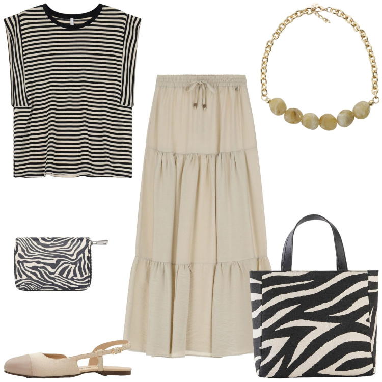 Outfit donna - My Summer Holiday. Stile Boho per Tutti i giorni. Abbinamento con borse a mano, ballerine, portafogli, top, collane, gonne lunghe.
