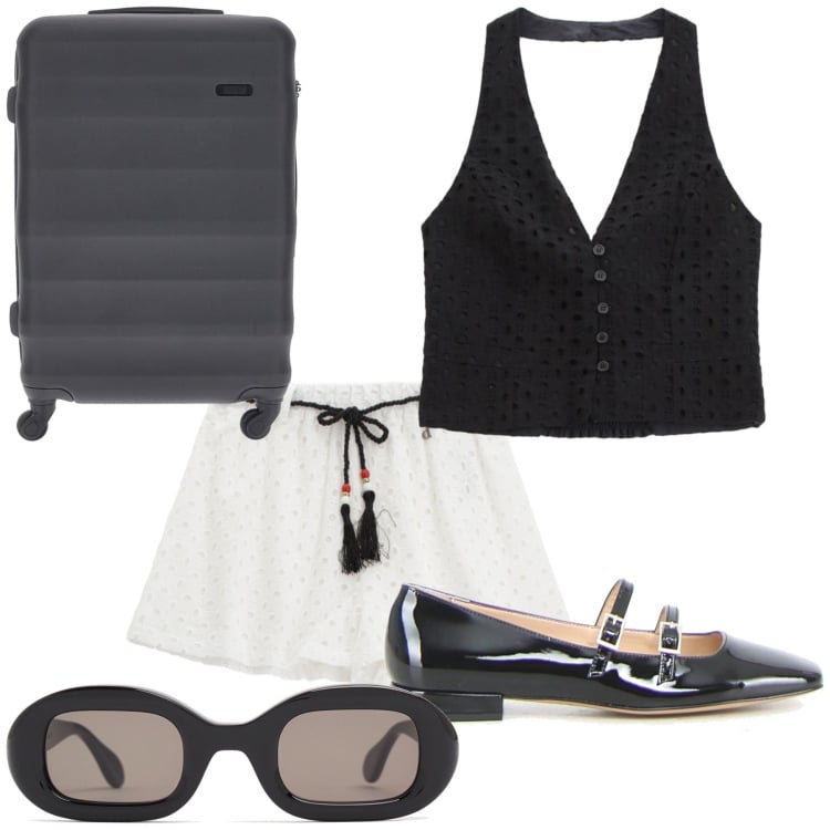 Outfit donna - Chic in viaggio. Stile Bon Ton per Tutti i giorni. Abbinamento con pantaloni corti, top, occhiali da sole, valigie, ballerine.