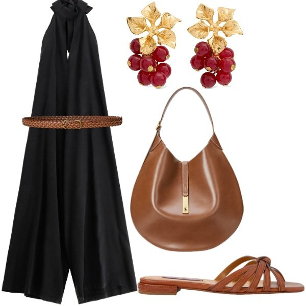 Outfit donna - A cena fuori. Stile Glamour per Serata fuori. Abbinamento con tute, cinture, borse a spalla, sandali in pelle, orecchini.
