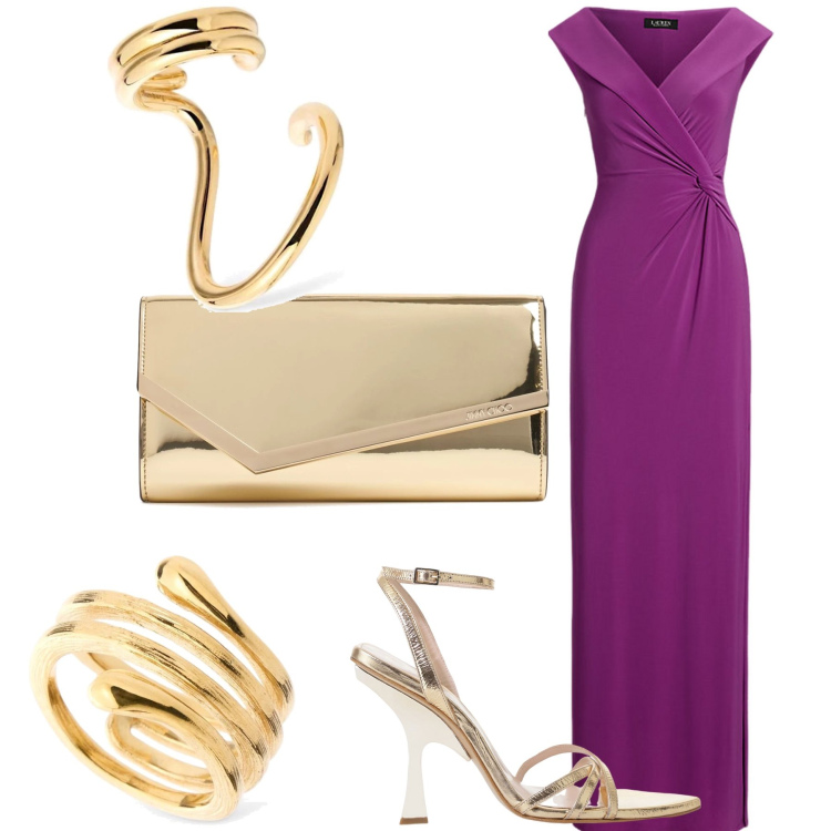 Outfit donna - Elegantissima. Stile Glamour per Serata fuori. Abbinamento con sandali col tacco, vestiti lunghi, orecchini, pochette, anelli.