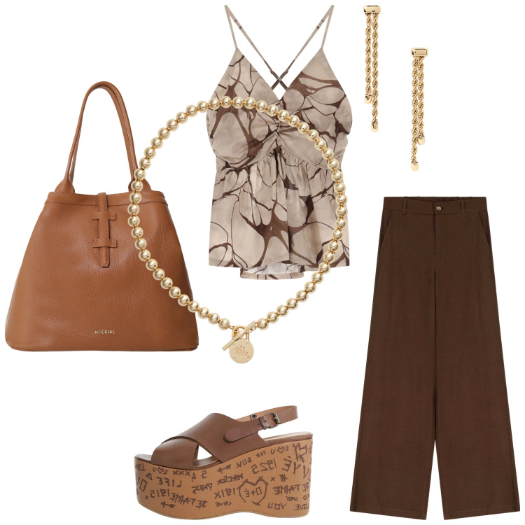Outfit donna - Total look #2214627. Abbinamento con canottiere, borse tote, zeppe, pantaloni, collane, orecchini.