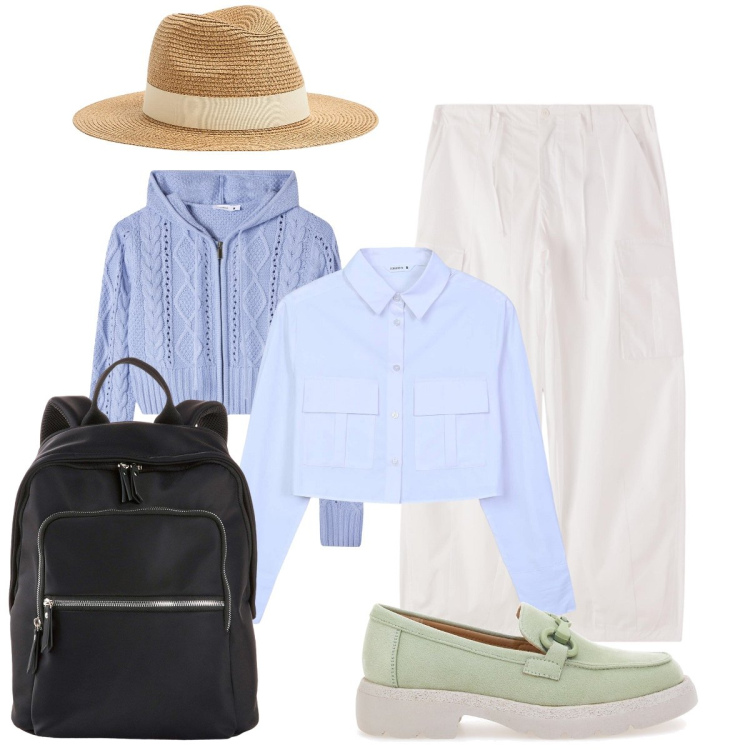 Outfit donna - Elegante casual. Stile Casual chic per Tutti i giorni. Abbinamento con zaini, cardigans, camicie, pantaloni cargo, cappelli, mocassini.