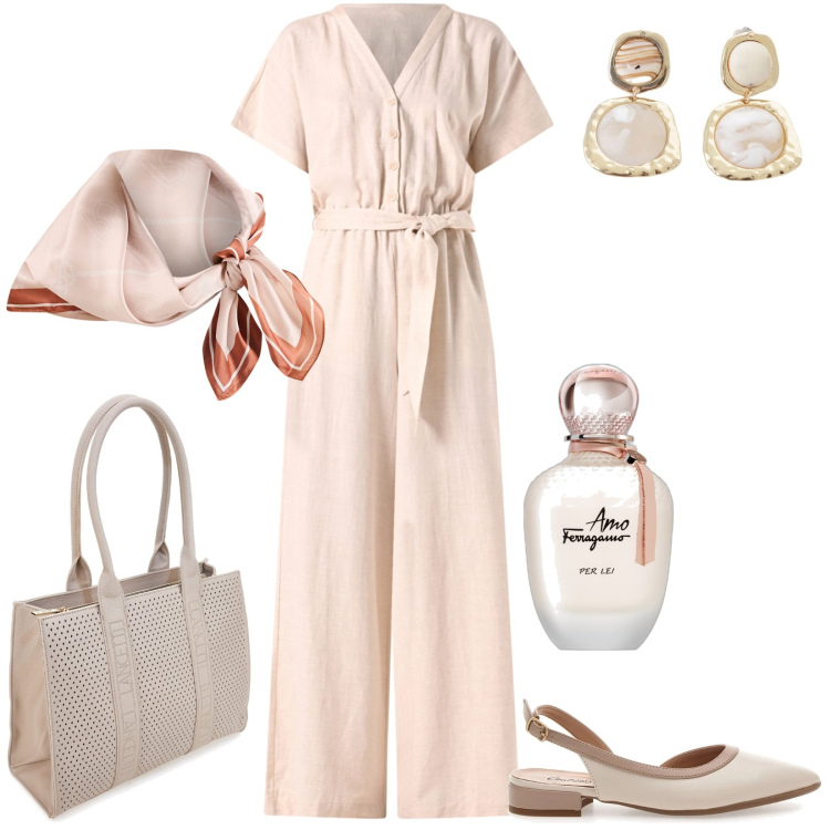 Outfit donna - Radiosa personalità. Stile Casual per Ufficio. Abbinamento con profumi, tute, foulard, orecchini, ballerine, borse a spalla.