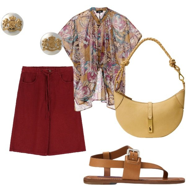 Outfit donna - Serata tra amici. Stile Casual per Serata fuori. Abbinamento con camicie a manica corta, shorts, orecchini, borse a spalla, sandali in pelle.