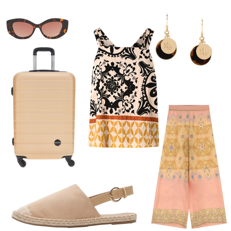 Outfit donna - Total look #2214635. Abbinamento con espadrillas, top, pantaloni, orecchini, valigie, occhiali da sole.