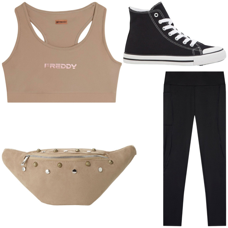 Outfit donna - Mattinata al parco. Stile Casual per Sport. Abbinamento con sneakers alte, leggings sportivo, top sportivi, marsupi.