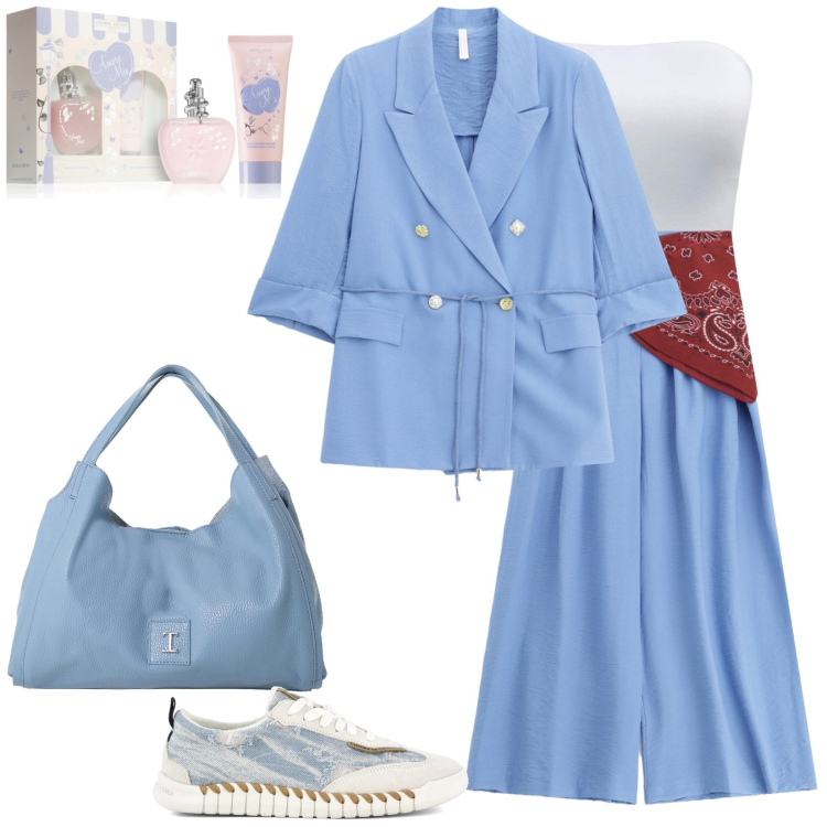 Outfit donna - Total look #2214639. Stile Casual per Tutti i giorni. Abbinamento con profumi, top, pantaloni, blazer, pochette, sneakers.