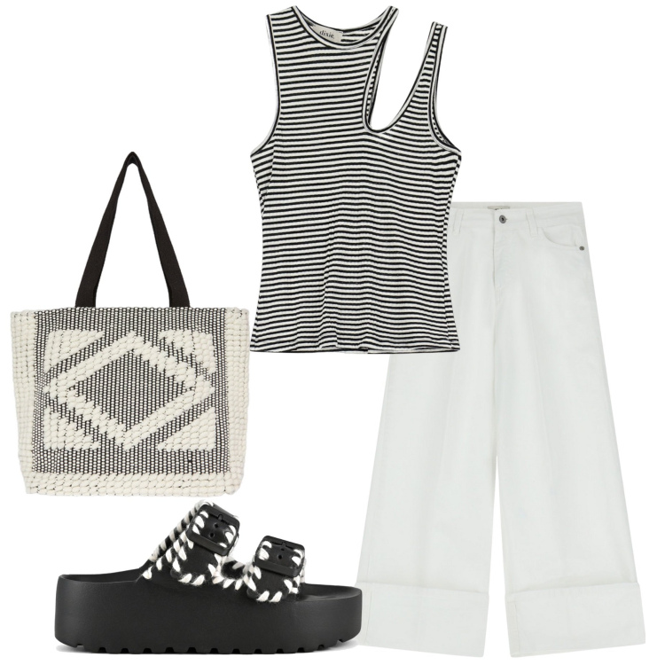 Outfit donna - Ultimo giorno in città. Stile Basic per Tutti i giorni. Abbinamento con pantaloni, top, ciabatte, shopping bag.
