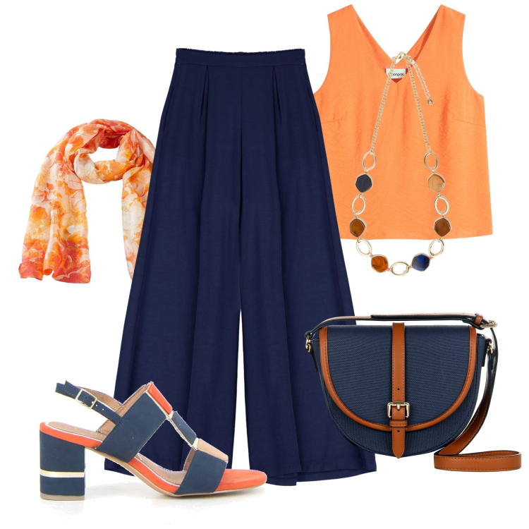 Outfit donna - Aperitivo arancio & blu. Stile Glamour per Serata fuori. Abbinamento con top, sciarpe, borse a tracolla, pantaloni, collane, sandali in pelle.