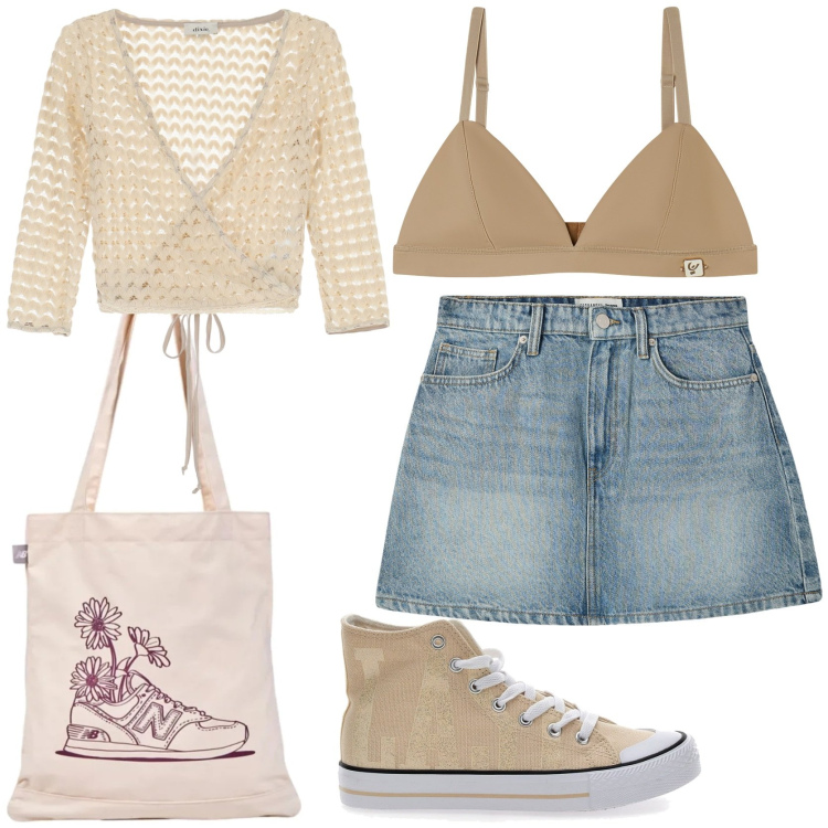 Outfit donna - Look ispirato agli anni 70. Stile 70s per Tutti i giorni. Abbinamento con minigonne, shopping bag, reggiseni, top, sneakers.