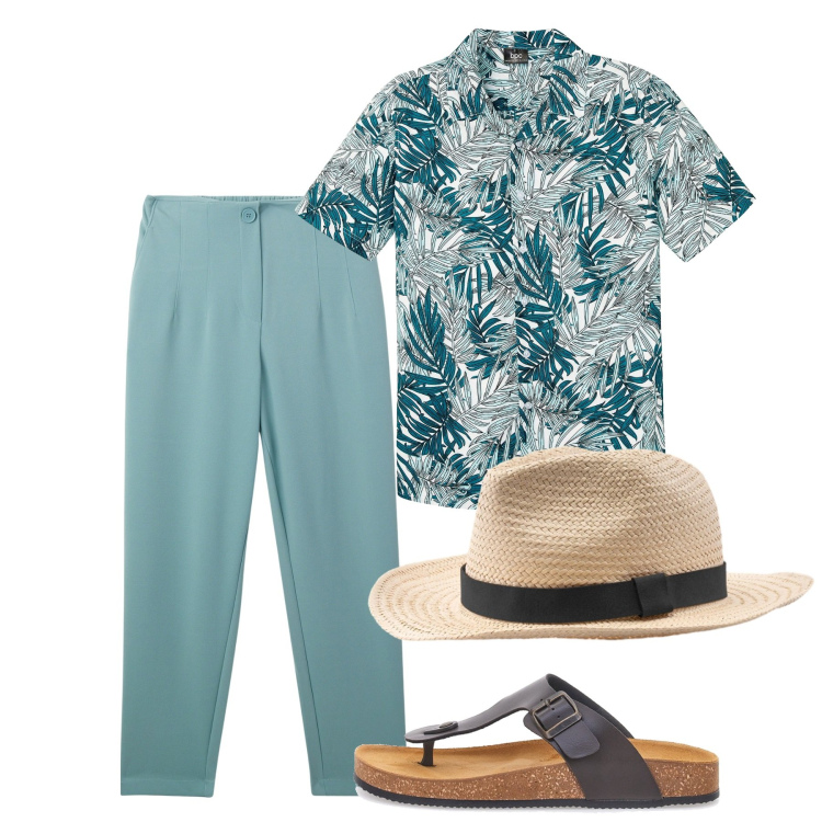 Outfit uomo - Agosto. Stile Casual per Tutti i giorni. Abbinamento con camicie a manica corta, pantaloni chino, sandali, cappelli.