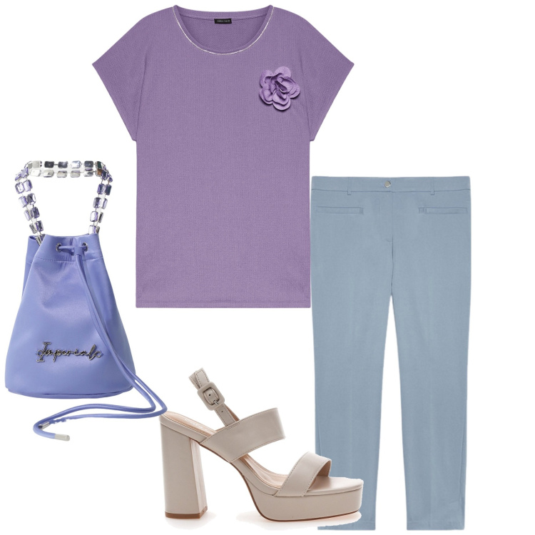 Outfit donna - Di sera al mare. Stile Casual chic per Mare. Abbinamento con borse a secchiello, pantaloni chino, bluse, sandali col tacco.