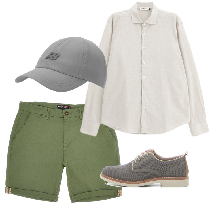 Outfit uomo - Agosto. Stile Casual per Tutti i giorni. Abbinamento con cappelli con visiera, camicie, pantaloni cargo, scarpe stringate.