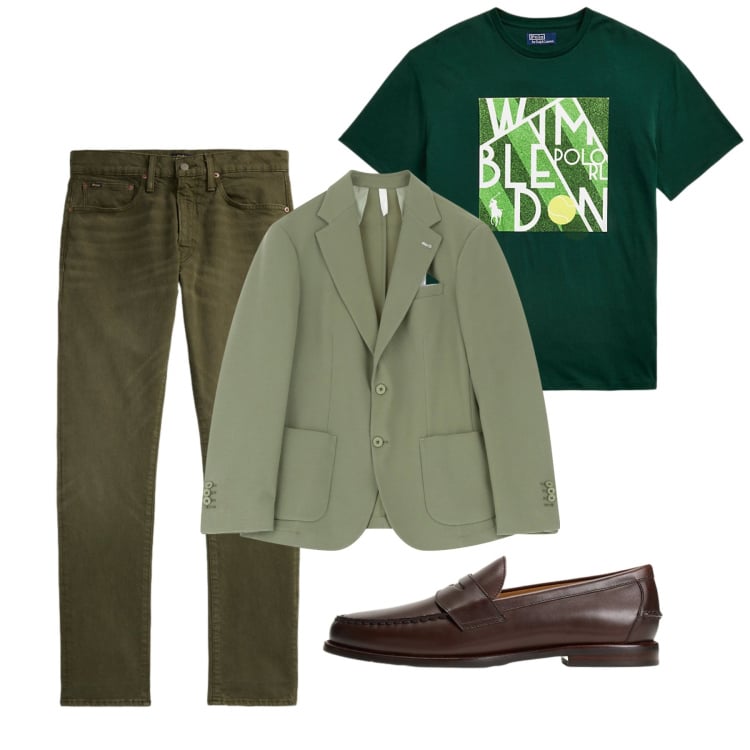 Outfit uomo - Agosto in verde. Stile Casual per Tutti i giorni. Abbinamento con giacche, jeans, scarpe stringate, t-shirt.