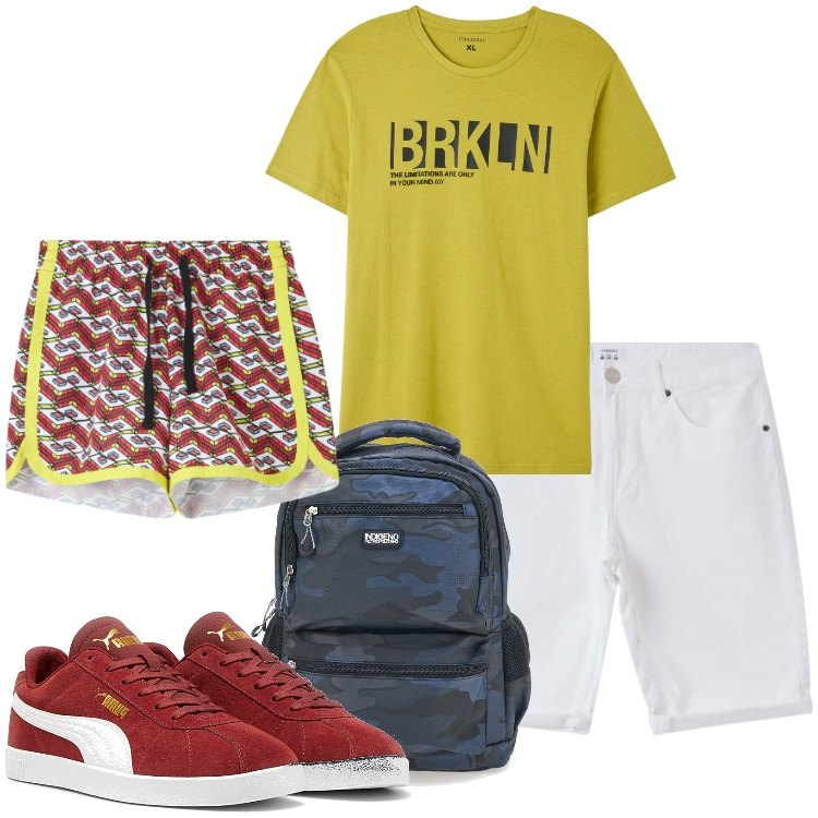 Outfit uomo - Pomeriggio in piscina. Stile Casual per Tutti i giorni. Abbinamento con t-shirt, costumi, bermuda, sneakers, borse sportive.