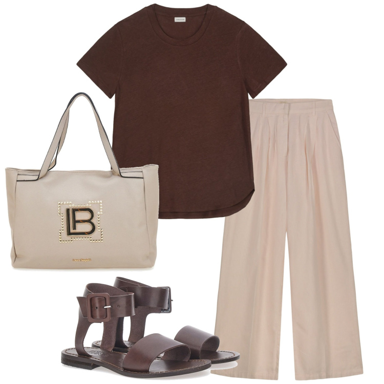 Outfit donna - In città. Stile Casual chic per Ufficio. Abbinamento con t-shirt, sandali, borse a spalla, pantaloni.