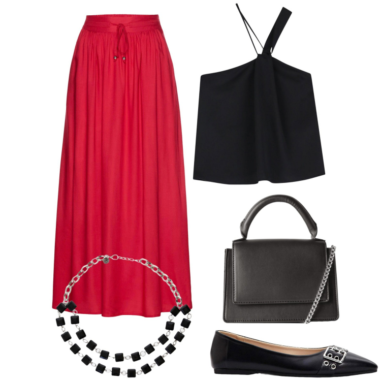 Outfit donna - Sabato sera. Stile Sexy per Serata fuori. Abbinamento con gonne lunghe, ballerine, borse a tracolla, top, collane.