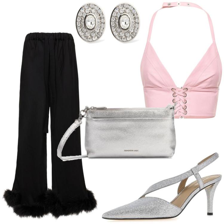 Outfit femme - Sexy #824. Style Sexy pour Soirée dehors. Assortir avec hauts, chaussures à talon, boucles d'oreilles, pantalon , pochette.