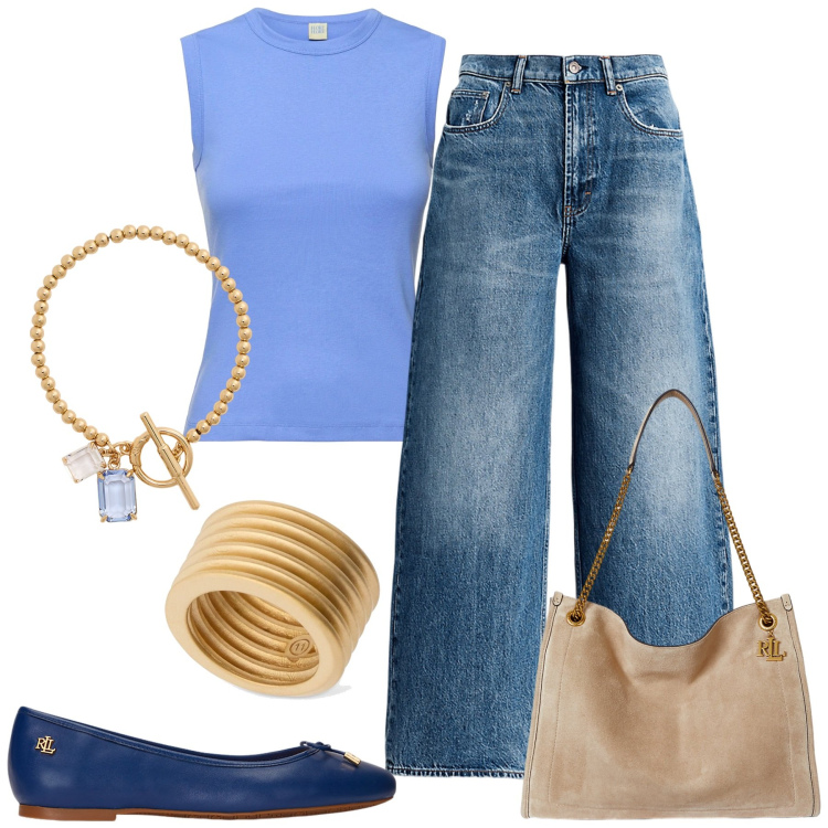 Outfit donna - Bella anche in jeans. Stile Casual chic per Ufficio. Abbinamento con ballerine, jeans, braccialetti, borse tote, anelli, canottiere.