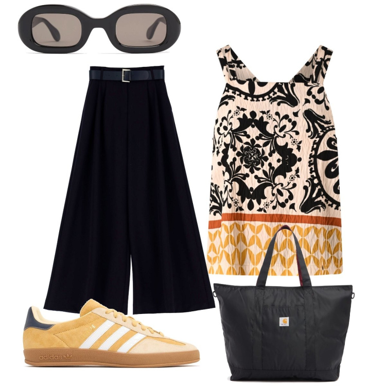 Outfit donna - In città. Stile Minimal per Tutti i giorni. Abbinamento con pantaloni a palazzo, top, sneakers, occhiali da sole, shopping bag.