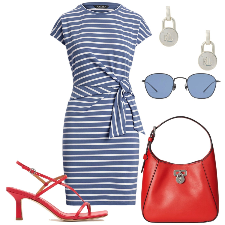 Outfit donna - Versatilità quotidiana. Stile Bon Ton per Tutti i giorni. Abbinamento con vestiti, orecchini, borse a tracolla, sandali in pelle, occhiali da sole.