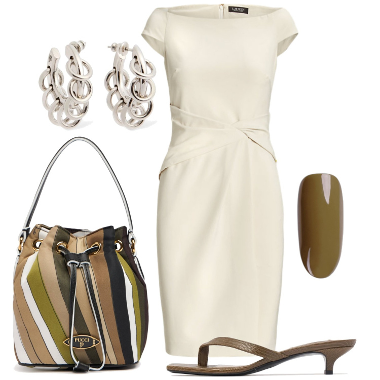 Outfit donna - Il tubino da giorno e da sera. Stile Bon Ton per Ufficio. Abbinamento con smalti, vestiti, borse a mano, sandali in pelle, orecchini.