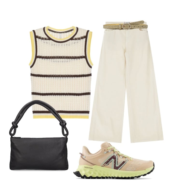 Outfit donna - In città. Stile Minimal per Tutti i giorni. Abbinamento con cinture, sneakers, pantaloni, top, borse a spalla.