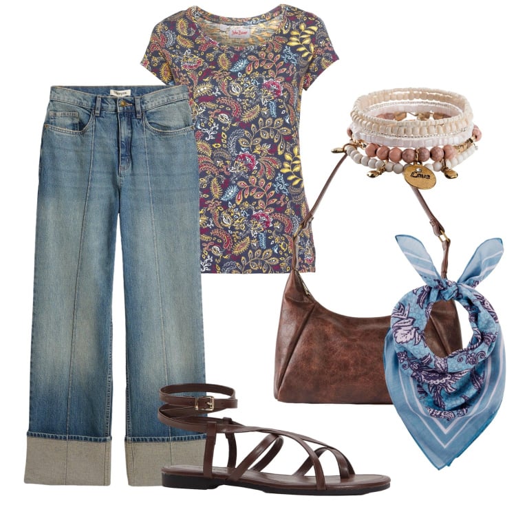 Outfit donna - Denim vintage in jeans. Stile 70s per Tutti i giorni. Abbinamento con jeans dritti, t-shirt, sandali, borse a mano, braccialetti, foulard.