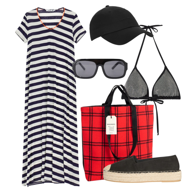 Outfit donna - Dettagli vibranti!. Stile Casual per Mare. Abbinamento con bikini, espadrillas, cappelli con visiera, borse tote, vestiti lunghi, occhiali da sole.