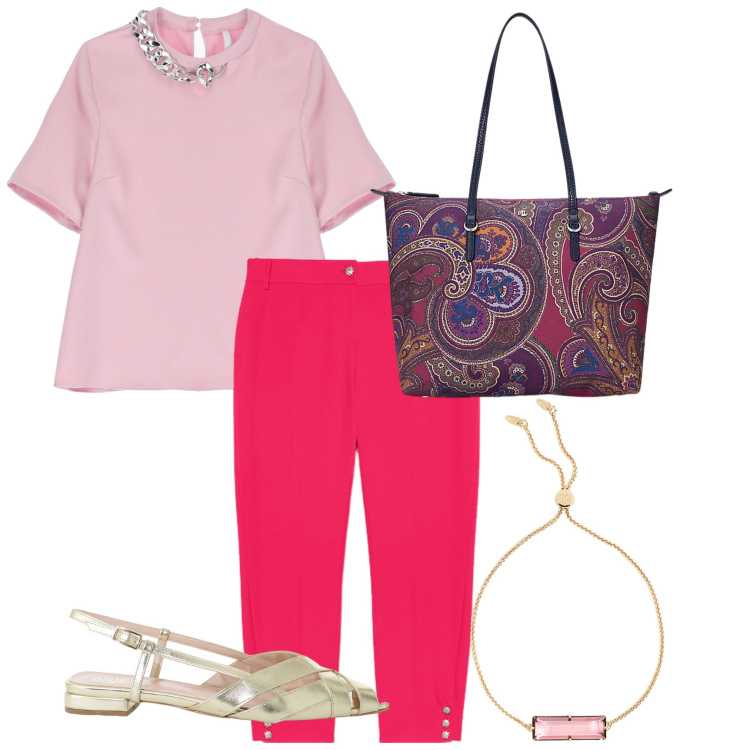 Outfit donna - Un caffè al mattino. Stile Casual per Tutti i giorni. Abbinamento con t-shirt, sandali, borse tote, braccialetti, pantaloni chino.