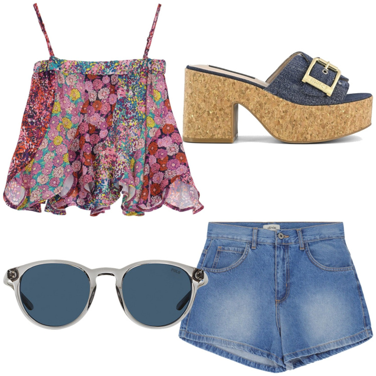 Outfit donna - Hippie. Stile 70s per Tutti i giorni. Abbinamento con shorts, canottiere, occhiali da sole, sandali.