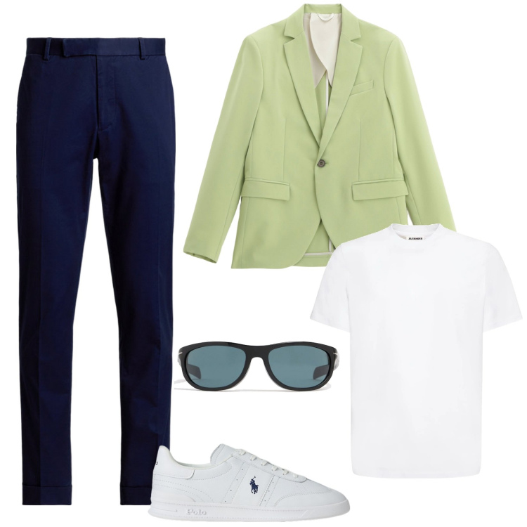 Outfit uomo - Completo spezzato. Stile Casual per Serata speciale. Abbinamento con giacche, pantaloni chino, sneakers, t-shirt, occhiali da sole.