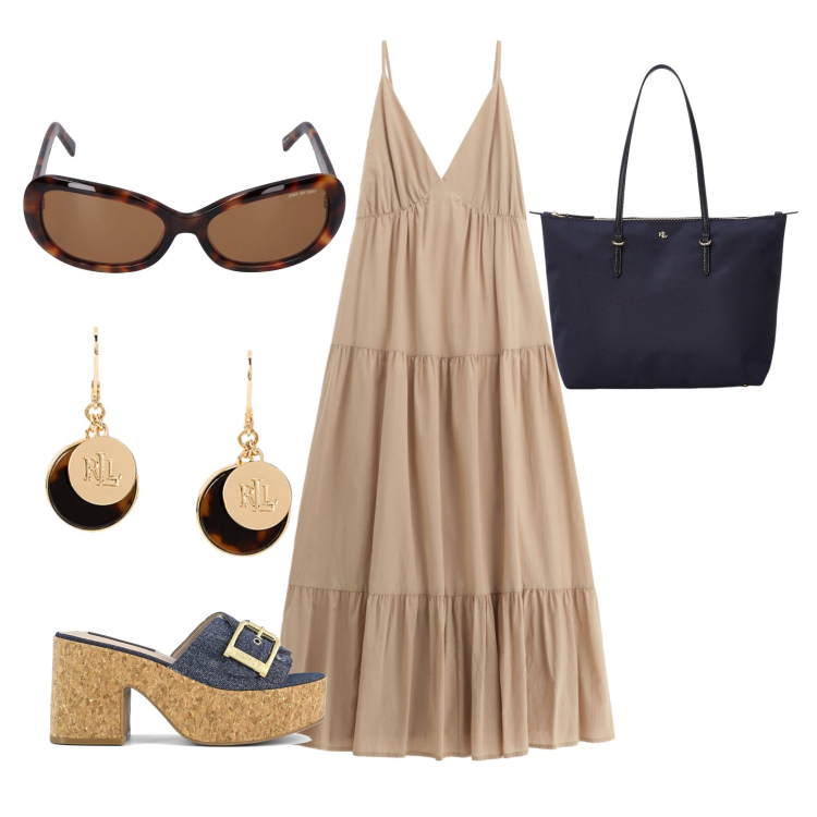 Outfit donna - Una passeggiata. Stile Boho per Tutti i giorni. Abbinamento con vestiti lunghi, borse tote, orecchini, sandali, occhiali da sole.