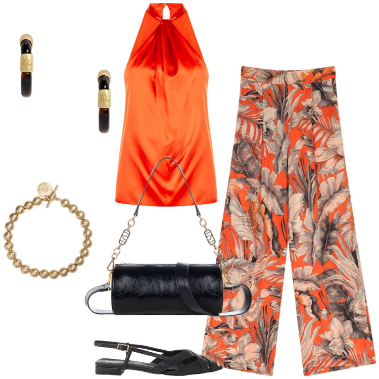 Outfit donna - Total look #2214715. Stile Chic per Serata fuori. Abbinamento con top, borse a mano, pantaloni a palazzo, sandali, braccialetti, orecchini.