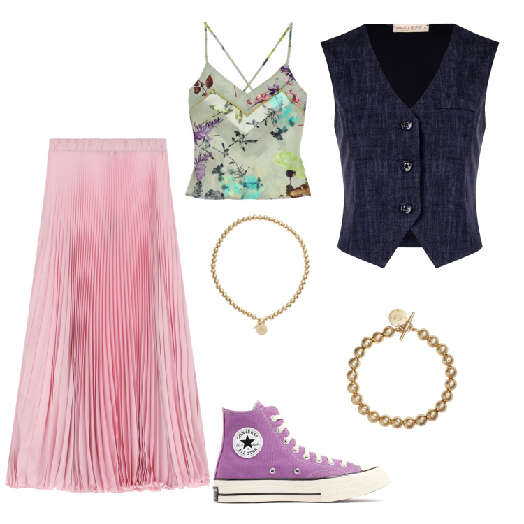 Outfit donna - Total look #2214718. Stile Sporty chic per Serata fuori. Abbinamento con gilet, gonne lunghe, canottiere, collane, braccialetti, sneakers alte.