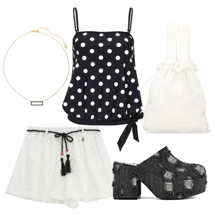 Outfit donna - Fiocchi e pois. Stile Trendy per Tutti i giorni. Abbinamento con top, pantaloni corti, collane, sabot, borse a mano.