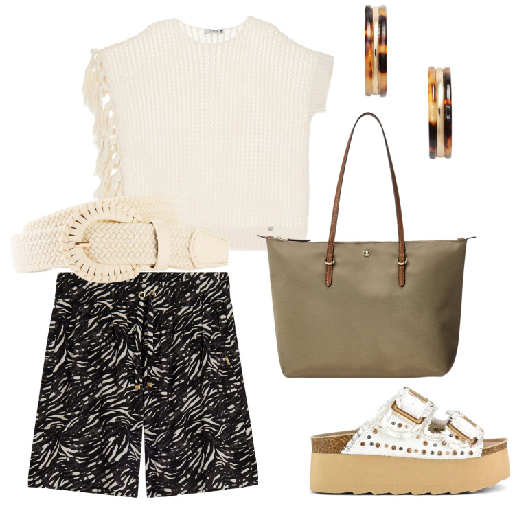 Outfit donna - Top con le frange. Stile Basic per Tutti i giorni. Abbinamento con cinture, maglieria, bermuda, borse tote, orecchini, sandali.