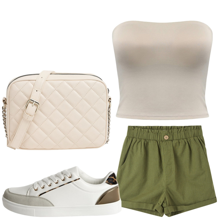 Outfit donna - Abbronzatura al top. Stile Sporty chic per Serata fuori. Abbinamento con sneakers, pantaloni corti, top, borse a tracolla.